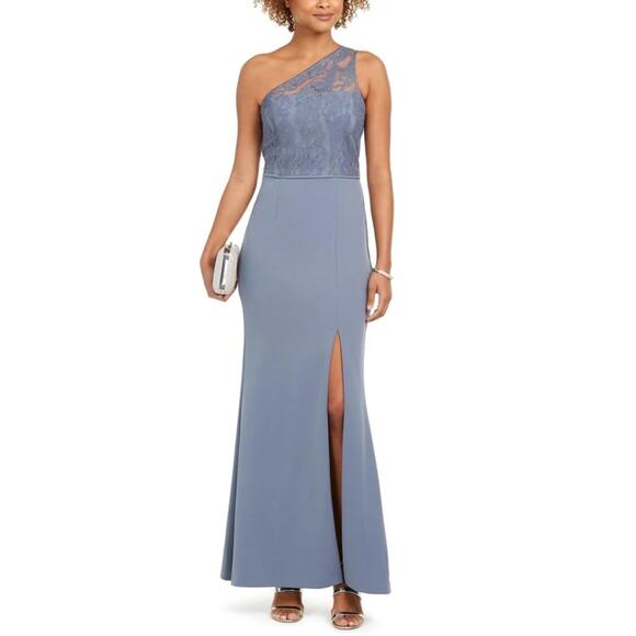 NWT Adrianna Papell One Shoulder Lace Crepe Gown Dusty Blue Women’s Size 8 - Picture 1 of 11
